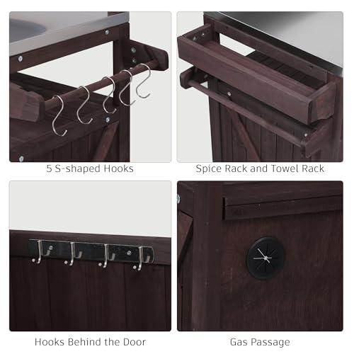 Image of Merax Grill Cart with Stainless Steel Tabletop - 53.3 inch Outdoor Storage Cabinet with Raised Shelf, Bar Patio Kitchen Island with Ample Storage and Lockable Wheels,Brown