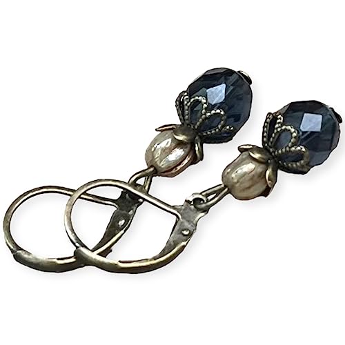 Kleine Vintage Ohrringe mit böhmischen Glasperlen - montana, montanablau, dunkelblau, stahlblau beige & bronze