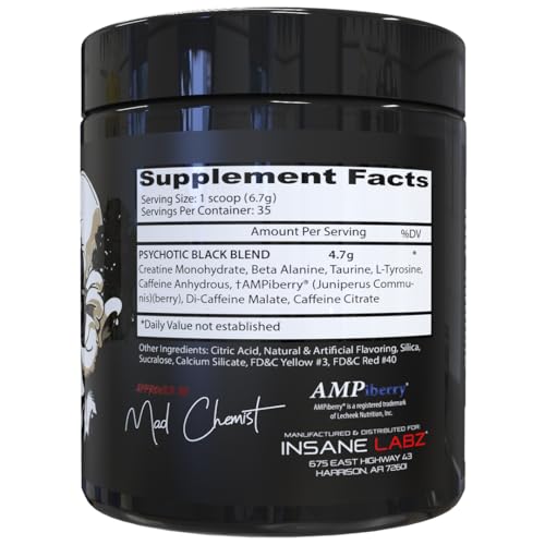 Image of Insane Labz Psychotic Black Edition Mid Stimulant Pre Workout Powder, Energy Focus Pumps, Loaded with Creatine Beta Alanine Taurine Fueled by AMPiberry, 35 Servings (35, Citrus Grapefruit)