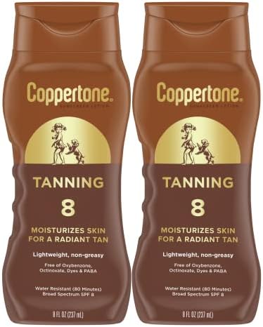 Coppertone Sunscreen Tanning Lotion SPF 8, Lightweight and Non Greasy Sunscreen, Water Resistant, Oxybenzone Free, Sun Tan Lotion Moisturizes Skin for a Radiant Tan, 8 Fl Oz Bottle, Pack of 2