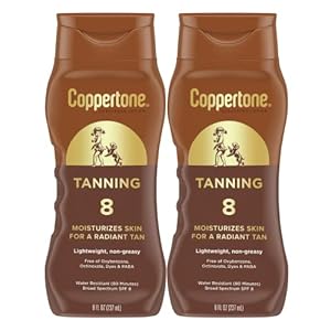 Coppertone Sunscreen Tanning Lotion SPF 8, Lightweight and Non Greasy Sunscreen, Water Resistant, Oxybenzone Free, Sun Tan Lotion Moisturizes Skin for a Radiant Tan, 8 Fl Oz Bottle, Pack of 2