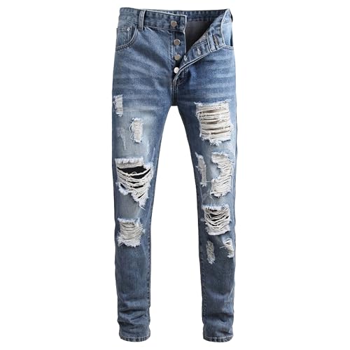 Mens Ripped Jeans Trendy Slim Fit Denim Jeans Straight Leg Stretch Distressed Stacked Pants