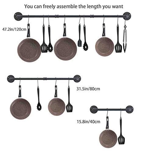 47.2 Inch Pot Rack Wall Mounted Pans Hanging Organizer Rail Kitchen Lids Utensils Holder Cup Hanger Bar Multi Functional Detachable Industrial Pipe Pot Rack Under Cabinet, 10 S Hooks,Black #TOP4