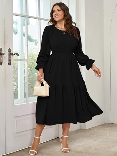Women's Plus Size Dress Long Sleeve Crewneck Smocked Tiered Flowy Boho Wedding Party Maxi Dresses3