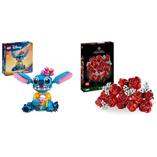 LEGO ǀ Disney Stitch, Jouet de Construction pour Enfants, Set avec Cornet de Glace & Icons Botanical Collection Le Bouquet de Roses, Fleurs Artificielles pour Décorer la Chambre
