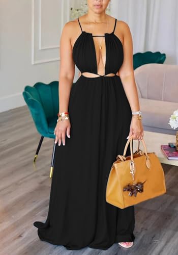 Image of Unybwonn Womens Summer Dress Spaghetti Strap Halter Sleeveless Sexy Cutout Boho Maxi Sundress Beach Vacation Dresses