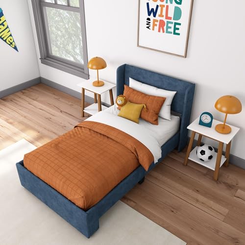 Max & Lily Upholstered Twin Bed Frame with Rectangular Headboard Upholstered Platform Bed for Kids No Box Spring Needed Easy Assembly Blue