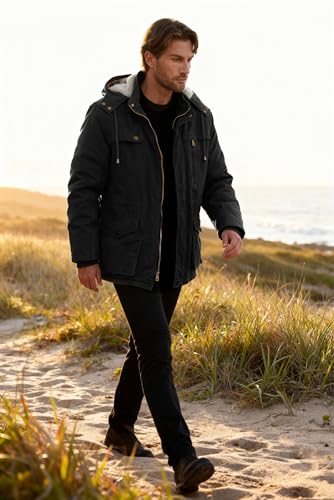 Image of WenVen Men's Winter Sherpa Parka Mid Length Thicken Military Style Warm Jacket with Removable Hood