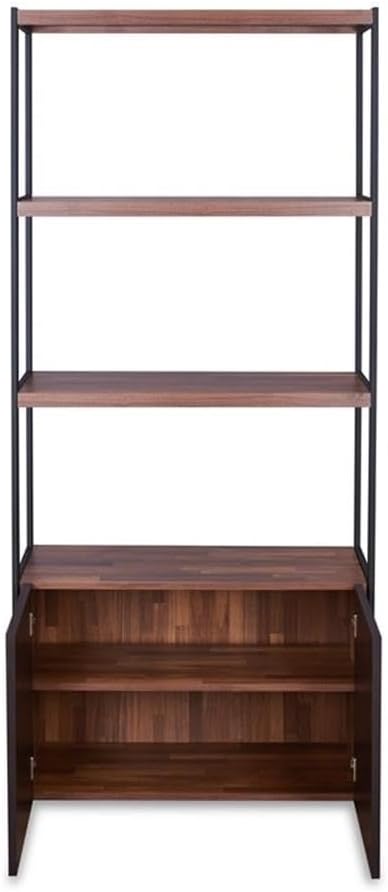 Modern Black Wood Bookcase with Faux Leather Doors, 32"x70"