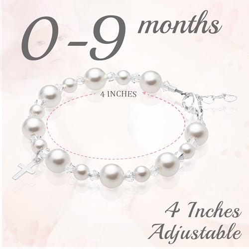Image of Baby Crystals Personalized Baptism Pearl Bracelet for Girls, White Simulated European Pearls, Sterling Silver Cross Charm Initial Bracelet, Handmade Baptism Gifts for Girl, Girls Jewelry
