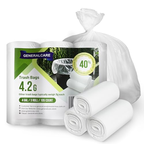 4 Gallon Small Trash Bags 105 Count Tear & Leak Resistant Small Garbage Bags For Bathroom White Trash Can Liners - 40% Thicker competitor brands roll bags