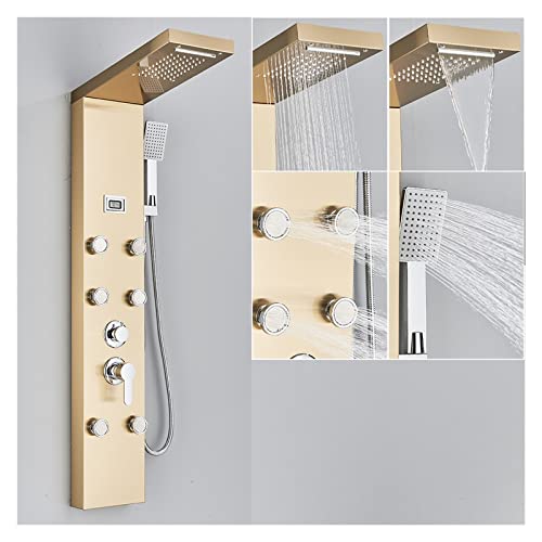 Shower Panel, Black LED Shower Panel Waterfall Rain Shower Faucet Set SPA Massage Jet Bath Shower Column Temperature Display Mixer Tap Tower(6002 Brushed) LWX