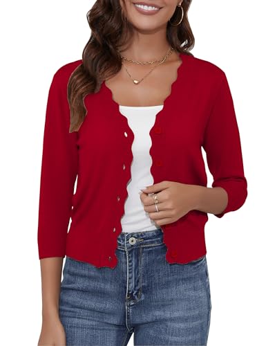Image of Women's Cropped Cardigans 3 /4 Sleeve Button Down Lightweight Cardigan Sweaters Scalloped Edged Bolero Shrugs