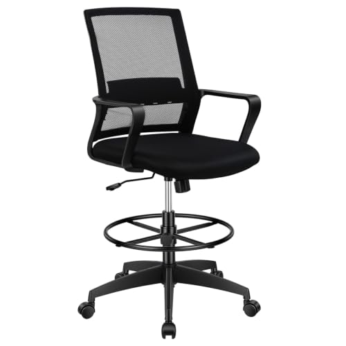 Image of BestOffice Drafting Chair Tall Office Chair Adjustable Swivel Rolling Mesh Height with Lumbar Support Arms Footrest Mid Back for Adults Standing Desk Drafting Stool(Dark Black)