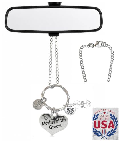 Rear View Mirror Car Charm Ornament, Sun Catcher, Hanging Pendant, Stainless Steel Chain and Crystal Accents, Packaged in a Gift Bag (Mother of Groom)