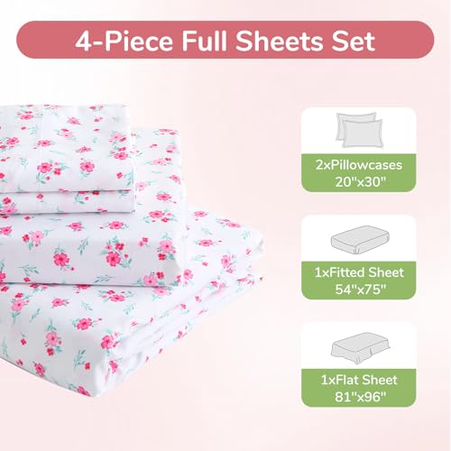 Image of MUXHOMO Full Size 4 Piece Sheet Set, Soft & Breathable Sheet Set for Bedroom with Deep Pocket Up to 16 inch, Wrinkle-Free & Cooling Bed Sheet with Flat Sheet, Fitted Sheet & Pillowcases - Pink Flower Sea