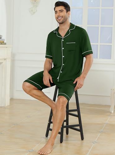 Image of Veseacky Men's Button Down Pajama Set Short Sleeve Shorts Modal Soft Sleepwear Loungewear Pjs with Pockets S-XXL