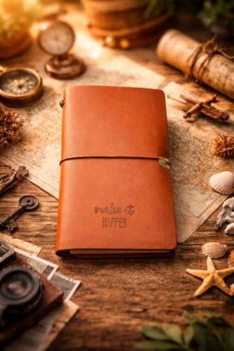 Image of PURESTORY PU Leather Notebook Travel Journal Diary | Diary With Lock | 12 Card Slots and 1 Zipper Pocket Holder Perfect for Travelers /Memo Cards /Cash Organizer - Make It Happen, 160 Pages