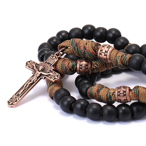 Nazareth Store Paracord Rosary Necklace 8mm Black Beads Antique Bronze Strong Rugged Corded Catholic Rosary with St.Michael Medal & Cross Crucifix2