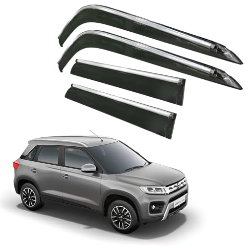 Image of CAR SAAZ Side Door Visors for Brezza (2020-2022) (Set of 4Pcs) | Smoke Finish Chrome Lined Rain Guards, Polycarbonate