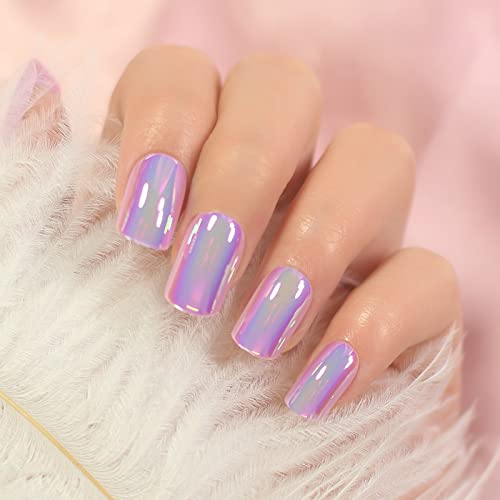 Press on Nails - Metallic Mirror Purple Pink False Nails | Punk Metal Chrome Finish Short Reusable Fake Nails 24pcs Kit with Jelly Glue Pad
