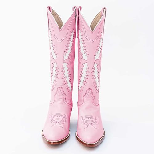 Women's Fashion Embroidered Cowboy Boots, Almond Toe Chunky Heel Pull On with Tree Leaf inlay Knee High Boots4