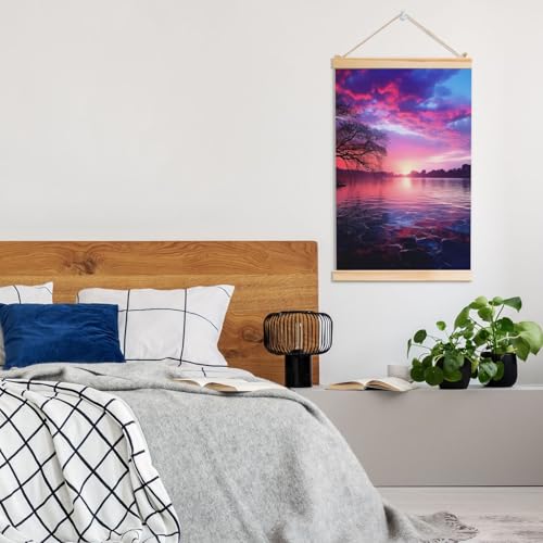 Affiche suspendue coucher de soleil violet, déco murale 91,4 cm