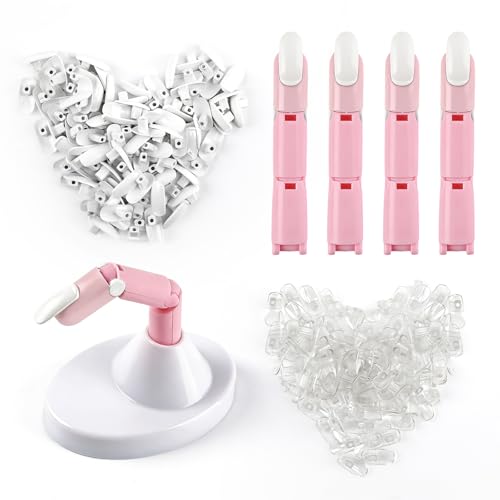 lootaan Nail Practice Fingers for Acrylic Nails Practice Hand for Nail Training 4Pcs Adjustable Plastic Fake Fingers for Nail Tech with 200 PCS Refill Nail Tips and 1 Finger Base(PINK)