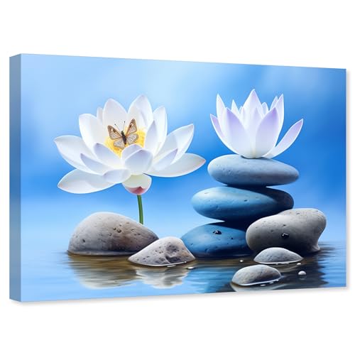 ARTZGX Zen Canvas Wall Art for Bathroom Lotus Pictures Blue Spa Stone Painting Butterfly Flower Artwork for Yoga Decor Frame(Zen - B 12.00" x 18.00")