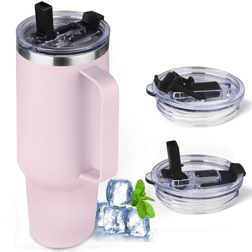 Image of 40 oz Tumbler with Handle and Flip Straw, 100% Leakproof Insulated Tumbler with Lid and Straw, Stainless Steel Travel Coffee Mug, Insulated Coffee Thermal Cup for Cold and Hot (Light Purple)