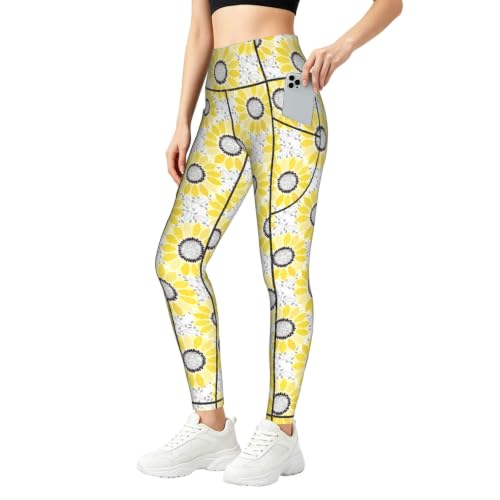 Pantalones de yoga con bolsillos laterales y estampado de girasoles informales y opacos