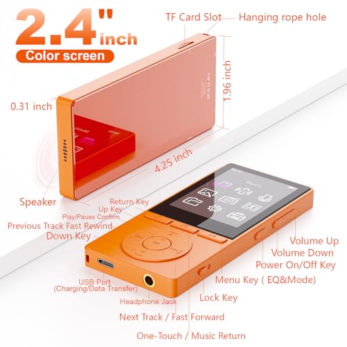 Image of 64GB MP3 Player with Bluetooth 5.3, Color Screen 2.4 inch, Music Player with HiFi Sound, MP3 Players Built in HD Speaker Voice Recorder E-Book, Expanded Up to 128GB, Earphone Included, for Sports Runner