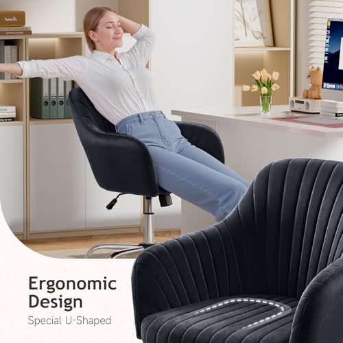 Image of Warmiehomy Velvet Desk Chair for Home Office, Modern Adjustable Swivel Task Chair, Women Vanity Chairs with Arm Rest for Bedroom Dressing Room, Classic Black