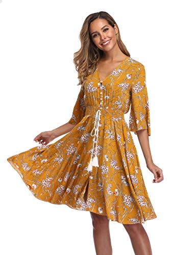 Image of VintageClothing Women's Floral Sundresses Flowy Boho Summer Beach Dress | Lightweight Breathable material,Elegant V Neck and Button Front Design,Flared Bell Sleeve Cut,Mini Casual dress
