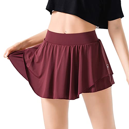 Pantalones cortos con vuelo para mujer, 2 en 1, para gimnasio, atlético, fitness, pantalones cortos, entrenamiento, motociclista, verano, rojo vino, S Cover