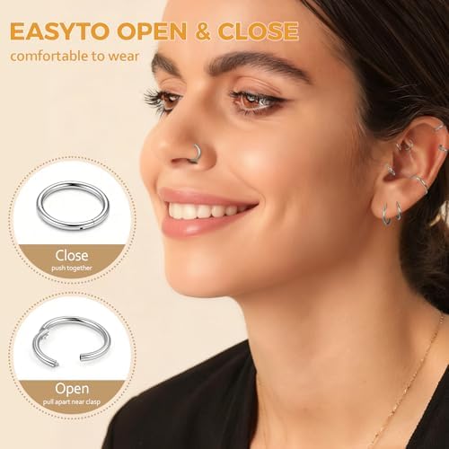 Afftiny Nose Rings Hoops Septum, Surgical Steel Seamless Clicker for Tragus Helix Conch Daith, Hypoallergenic, 20G/18G/16G, 6-12mm, Gold, Silver, Black, Rainbow, Rose Gold (Silver, 2pcs-20G-12mm) - 1