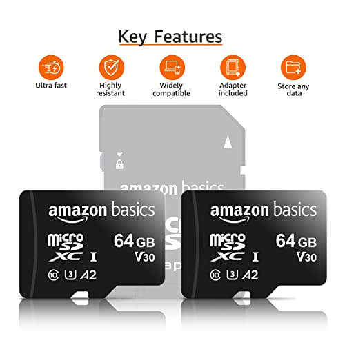 Amazon Basics microSDXC Memory Card with Full Size Adapter, A2, U3, Read Speed up to 100 MB/s, 64GB, Black (2pack)