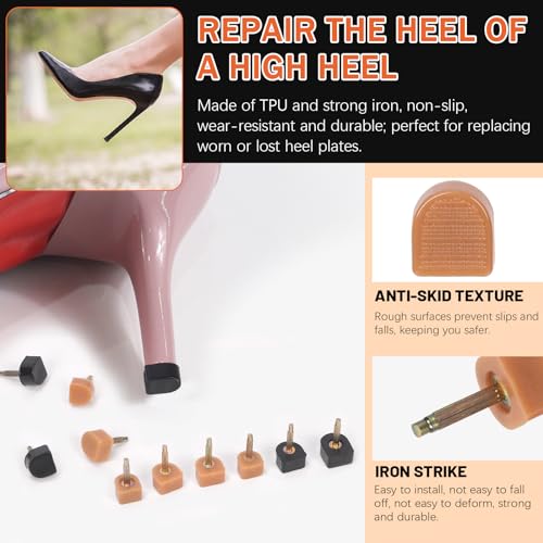 Image of Tanstic 30 Pairs Women's High Heel Shoes Replacement Tips Pin with 6 inch Heel Pliers, 9x9mm, 9x10mm, 10x10mm, 10x11mm, 10.5x12.5mm Black Beige High Heel Shoe Tips - 2.4mm /0.09 inch Pin Diameter