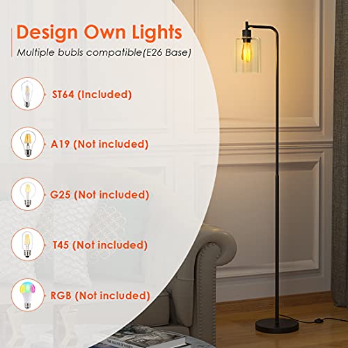Innqoo Industrial Black Floor Lamp - 65” Tall Standing Lamp for Living Room, Modern Floor Lamp for Bedrooms, Vintage Farmhouse Floor Lamp with Hanging Glass Shade and Foot Switch, Edison Bulb Included