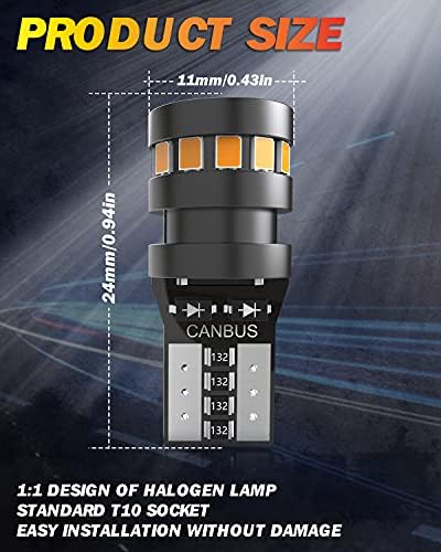 W5W LED Bulb, OUSHI Canbus Error Free T10 501 194 168 2825 12V-24V Super Bright Replacement Bulbs for Car Interior Dome Map Door Courtesy License Plate Lights, Amber Yellow(Pack of 4)