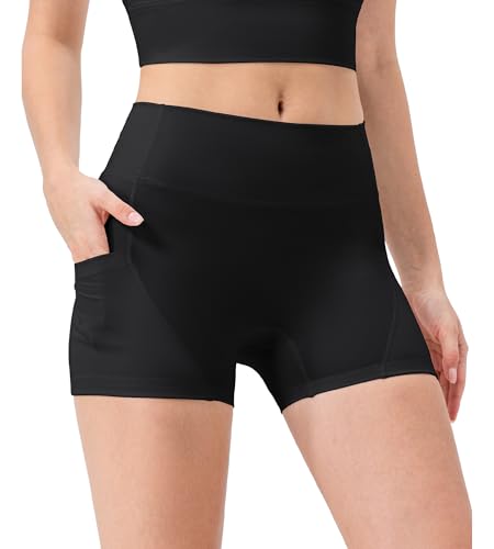 OVIYEGAIN Black Yoga Compression Shorts for Women Buttery Soft Booty Athletic Shorts Cool Dry Workout Shorts with Pockets