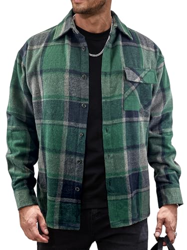 JEMLDL Mens Flannel Shackets Casual Button Down Long Sleeve Poplin Collar Plaid Shirt Lightweight Jackets with Pockets,US 46 (XL)