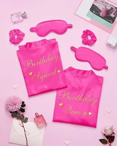 Image of Neer 21 Pcs Women Birthday Party Robe Set Queen Squad Kimono Satin Bathrobes with Eye Mask and Scrunchie for Birthday