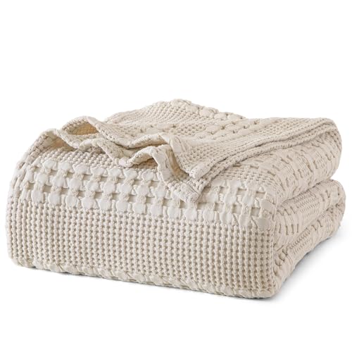 PHF 100% Cotton Waffle Weave Blanket Queen Size for Bed, Soft Lightweight & Breathable, All-Season Comfort, Luxury Aesthetic Woven Bedding for Home Decor, 90"x90", Oatmeal