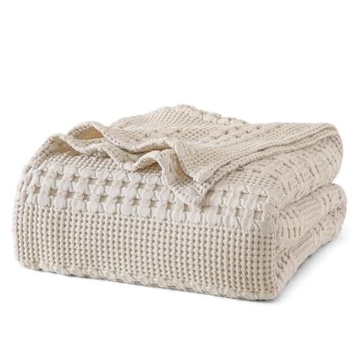 PHF 100% Cotton Waffle Weave Blanket King Size - Washed Soft Lightweight Blanket for All Season - Breathable and Skin-Friendly Blanket for Couch Bed Sofa 108"x90" - Light Khaki/Linen