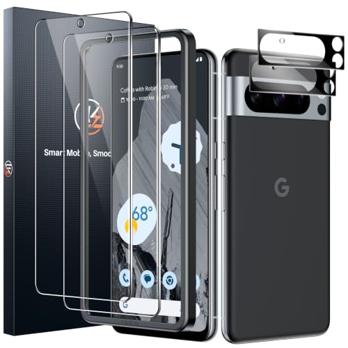 LK 2 Pack for Google Pixel 8 Pro Screen Protector [New Version] + 2 Pack Camera Lens Protector Fit Lens Cutouts Ports Support Fingerprint Unlock Bubble-Free with Easy Installation Tool