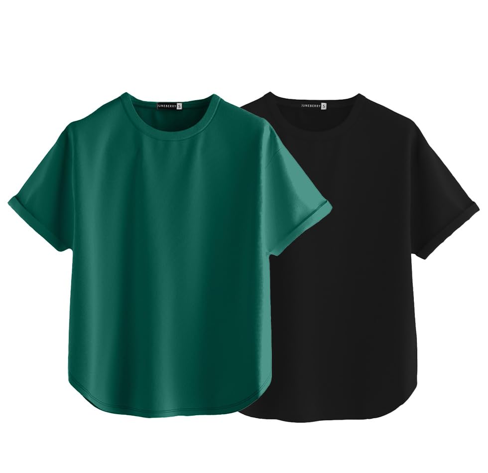 Image of JUNEBERRY Pure 100% Cotton Oversized Loose Baggy Fit Round Neck with Drop Shoulder Half Sleeves Boyfriend T-Shirt Combo for Women & Girls (Pack of 2)