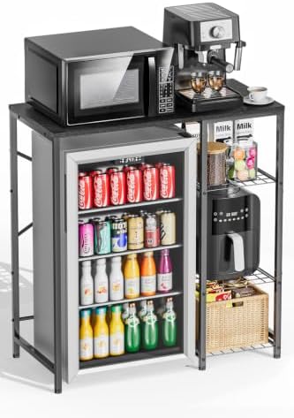 EnigmaSoul Mini Fridge Stand with Storage Shelves, 3-Tier Microwave Stand, Coffee Bar Bakers Rack, Small Refrigerator Cabinet Organizer Table for Dorm Apartment Kitchen Office, Black