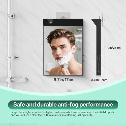 Image of Wall Mount Anti Fog Mirror for Shower,Large Black Mirror for Bathroom,Hot Water Powered Defogging Shower Mirrors for Shaving for Women Makeup,Heated Makeup Mirror Hanging with Hook