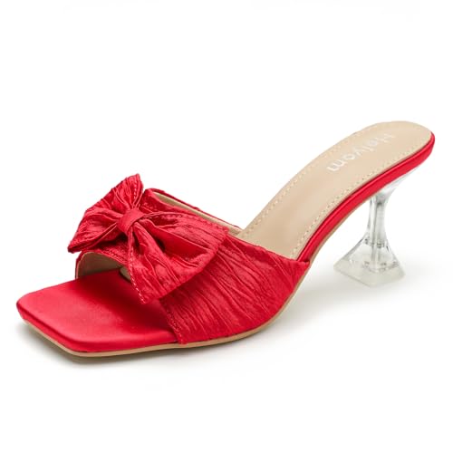 Women's Bowknot Heeled Sandals Square Toe Pleated Bow Heels Slippers Stilettos Mules Slip on Wedding Party Dress Shoe